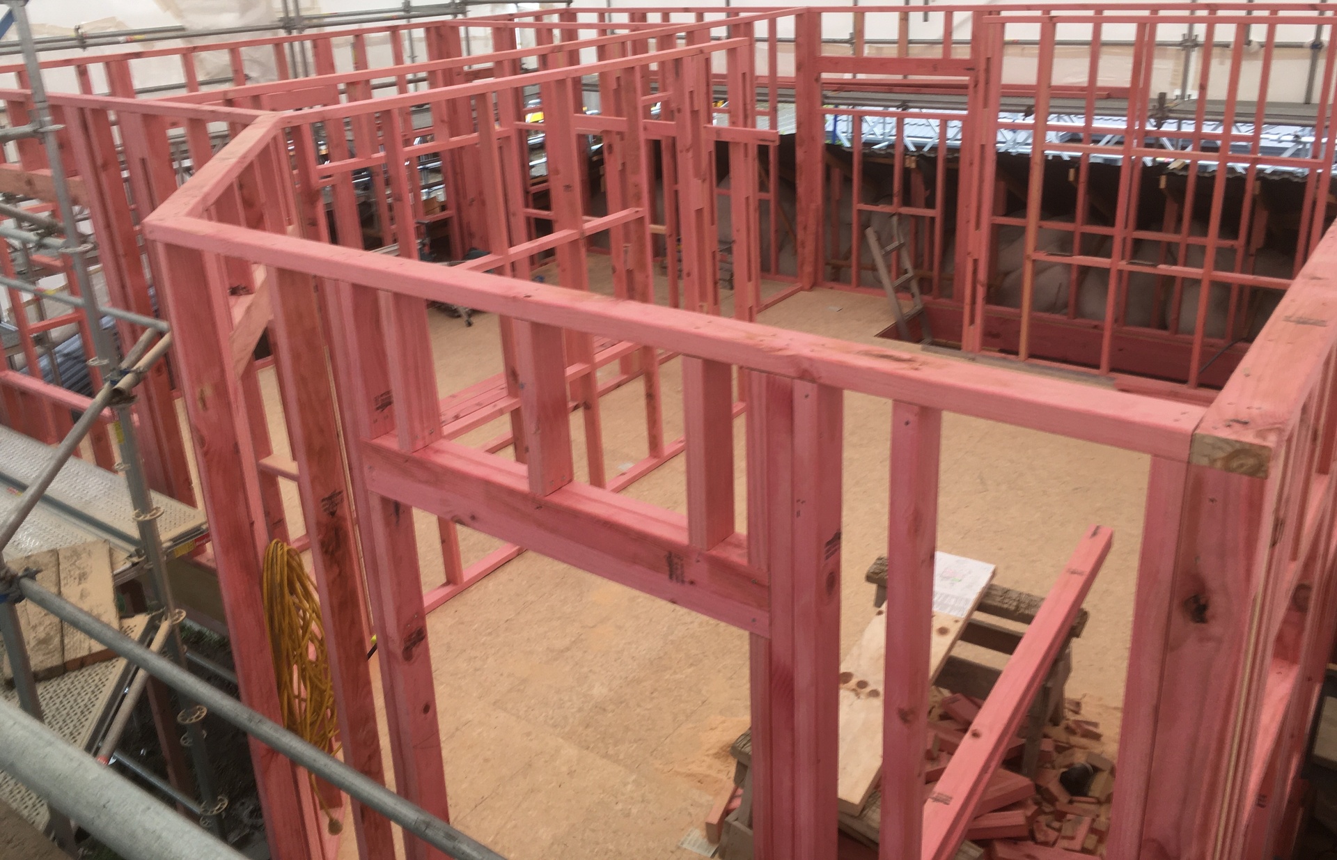 Red timber framing in progress inside a Wellington residential build